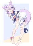  1girl absurdres ahoge asusukaa bare_shoulders barefoot blunt_bangs bodysuit bow eyewear_on_head full_body garter_belt hair_bow hair_ornament hairclip hand_on_own_knee heart heart-shaped_eyewear highres jacket leaning_forward long_sleeves medal one_eye_closed open_mouth pale_skin purple_bow purple_eyes purple_hair rubber_duck sailor_collar short_hair stellive tail tenko_shibuki v virtual_youtuber white_bodysuit white_jacket 