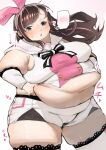  1girl absurdres adana_na_da belly breasts brown_hair cameltoe commentary_request fat fatter_than_canon hairband highres kizuna_ai kizuna_ai_inc. lace-trimmed_thighhighs lace_trim large_breasts looking_at_viewer multicolored_hair obese pinching_own_belly pink_hairband pink_streaks sailor_collar shiny_skin short_shorts shorts solo spoken_blush streaked_hair thick_arms thick_thighs thighhighs thighs white_shorts 
