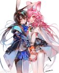  2girls absurdres ahoge amiya_(arknights) animal_ear_fluff animal_ears arknights ascot black_jacket black_pantyhose blue_ascot blue_collar blue_eyes blue_skirt blush brown_hair collar commentary contactz cowboy_shot fingerless_gloves frilled_ascot frills fur-trimmed_skirt fur_trim gloves grey_skirt hair_between_eyes hairband highres hiking_backpack holding_hands hood jacket long_hair long_sleeves looking_at_viewer multiple_girls open_clothes open_mouth orange_gloves pantyhose pink_eyes pink_hair pleated_skirt rabbit_ears rabbit_girl shirt simple_background skirt smile standing thighhighs thumpy_(arknights) untranslatable_commentary white_background white_thighhighs 