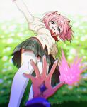  2girls absurdres akemi_homura akemi_homura_(magical_girl) black_skirt bow bowtie commentary_request gem hair_ribbon hand_jewel highres juliet_sleeves kaname_madoka korean_commentary long_sleeves looking_at_viewer magical_girl mahou_shoujo_madoka_magica mahou_shoujo_madoka_magica:_hangyaku_no_monogatari mahou_shoujo_madoka_magica_(anime) medium_hair miniskirt mitakihara_school_uniform mongye1023 multiple_girls parted_lips pink_eyes pink_hair plaid_clothes plaid_skirt pocket pov pov_hands puffy_sleeves purple_gem red_bow red_bowtie red_ribbon ribbon school_uniform short_twintails skirt solo_focus soul_gem_(madoka_magica) sweater thighhighs twintails twitter_username white_thighhighs yellow_sweater 