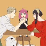  1boy 2girls :o ahoge anya_(spy_x_family) arm_wrestling blonde_hair blue_eyes bond_(spy_x_family) child collarbone collared_shirt commentary_request dog dress earrings gold_earrings great_pyrenees green_eyes green_pants hairband hairpods highres jewelry long_sleeves looking_at_another medium_hair multiple_girls on_stool open_mouth orange_background pants pink_hair profile red_dress shirt short_hair spy_x_family standing stool sweatdrop sweater sweater_dress table tarutaruso3 twilight_(spy_x_family) white_shirt yor_briar 