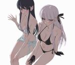  2girls bikini black_bikini black_ribbon blue_eyes blue_hair blush breasts danganronpa:_trigger_happy_havoc danganronpa_(series) gloves hair_between_eyes hair_ornament hair_ribbon hairclip hand_on_own_knee kirigiri_kyoko koha_2652 long_hair looking_at_viewer maizono_sayaka multiple_girls official_alternate_costume purple_eyes purple_hair ribbon sarong simple_background smile swimsuit very_long_hair white_background white_bikini 