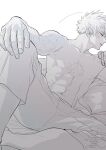  1boy abs adam's_apple bakugou_katsuki boku_no_hero_academia collarbone hand_on_own_knee highres knee_up looking_to_the_side male_focus navel nipples on_bed oroshi_mi pants pectorals scar scar_on_chest scar_on_face short_hair simple_background solo spiked_hair toned toned_male topless_male watermark white_background 