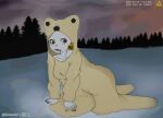  1girl 2026 animal_costume bald bear bear_costume blood blood_on_face breasts colored_skin commentary ear_tag forest grey_eyes highres horror_(theme) large_breasts nature outdoors photo-referenced polar_bear recording reitarubi self-upload simple_background snow twitter_username white_skin winter 