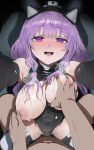  1boy 1girl :d absurdres arknights arknights:_endfield bare_shoulders black_leotard blush breasts girl_on_top grabbing_another's_breast groping hews highres leotard long_hair looking_at_viewer nipple_stimulation nipple_tweak nipples pov purple_eyes purple_hair revision sex smile solo_focus stomach_bulge sweat teeth thighhighs typhoeus_(arknights) typhon_(arknights) upper_teeth_only 