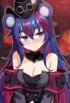  1girl absurdres animal_ears artist_name bare_shoulders bear_ears black_bow black_hat blue_eyes blue_hair blush bow breasts chenki_(chenki) cleavage commentary detached_collar english_commentary fujikura_uruka fujikura_uruka_(lust) hair_between_eyes hat highres long_hair looking_at_viewer medium_breasts multicolored_hair notched_ear official_alternate_costume official_alternate_hairstyle outline phase_connect red_hair smile solo streaked_hair twitter_username two-tone_hair upper_body virtual_youtuber white_outline 
