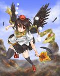  bad_id bad_pixiv_id black_hair black_wings fan feathers flying geta hat hauchiwa looking_at_viewer red_eyes scarf shameimaru_aya short_hair solo takemori_shintarou tengu-geta thighhighs tokin_hat touhou wings 