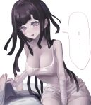  1girl 1other alternate_costume bandaged_arm bandages bare_shoulders barefoot between_legs black_hair blunt_bangs blunt_ends blush breasts brown_eyes cleavage collarbone commentary_request covered_nipples cowboy_shot danganronpa_(series) danganronpa_2:_goodbye_despair dress eyelashes hair_over_shoulder hand_between_own_legs highres large_breasts leaning_to_the_side long_hair looking_at_viewer mole mole_under_eye nervous_smile no_bra open_mouth pov pov_crotch ringed_eyes shiton_(2016sanhime) simple_background sitting sleeveless sleeveless_dress smile solo_focus spaghetti_strap speech_bubble sundress sweat translated tsumiki_mikan very_long_hair white_background white_dress 