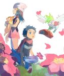  1boy 1girl akira_a_a anniversary beanie blue_eyes blue_hair blush buizel closed_mouth commentary_request dawn_(pokemon) from_side gracidea grass green_eyes green_fur hair_ornament hairclip happy_anniversary hat highres holding holding_pokemon holding_unworn_clothes holding_unworn_hat light_blush long_hair lucas_(pokemon) open_mouth petals pink_petals pokemon pokemon_(creature) pokemon_diamond/pearl/platinum red_hat red_scarf scarf shaymin shaymin_(sky) simple_background sitting smile standing two-tone_fur unworn_hat unworn_headwear white_background white_hat 