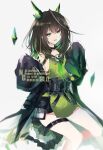  1girl arknights belt belt_buckle black_belt black_hair black_jacket black_sash buckle colored_inner_hair commentary crystal dress emoji green_dress green_eyes green_hair grey_background jacket long_hair material_growth mon3tr_(arknights) multicolored_hair open_mouth oripathy_lesion_(arknights) sash short_dress simple_background sleeves_past_fingers sleeves_past_wrists smile solo thigh_belt thigh_strap watermark yoshino_nemu 