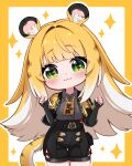  1girl :3 animal_ear_fluff animal_ears blonde_hair blush border closed_mouth colored_inner_hair commentary_request cowboy_shot deformed fingerless_gloves gloves green_eyes high-waist_shorts jacket ju_fufu korean_commentary long_hair looking_at_viewer multicolored_hair shirt shorts solo sparkle striped_fur striped_hair tail tiger_ears tiger_girl tiger_stripes tiger_tail white_background white_hair yellow_border yellow_jacket yume_tiem zenless_zone_zero 