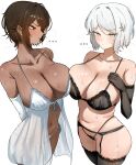  ... 2girls absurdres arm_behind_back asymmetrical_docking babydoll bare_shoulders black_babydoll black_gloves black_panties blue_eyes blush bra breast_press breasts brown_eyes brown_hair cleavage closed_mouth collarbone commentary cowboy_shot dark-skinned_female dark_skin elbow_gloves faust_(project_moon) garter_belt gloves halterneck highres large_breasts light_frown limbus_company lingerie looking_at_another looking_at_viewer multiple_girls navel outis_(project_moon) panties project_moon see-through_clothes short_hair simple_background standing steaming_body stomach strap_gap string_panties sweat thighhighs tomosakaaa underwear white_background white_bra white_garter_belt white_hair white_panties white_thighhighs 
