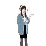 1girl :o black_hair black_pantyhose black_skirt blue_cardigan cardigan commentary_request feet_out_of_frame hairband highres long_sleeves open_cardigan open_clothes open_mouth pantyhose pencil_skirt red_eyes shirt short_hair_with_long_locks sidelocks simple_background skirt solo spy_x_family tarutaruso3 translation_request twitter_username white_background white_hairband white_shirt yor_briar 