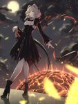  1girl absurdres arknights black_dress demon_horns dragon_girl dragon_tail dress full_body grey_hair hidulume highres horns long_sleeves moon night outdoors solo tail talulah_(arknights) 
