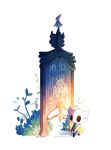  black_eyes black_skin bush cloak colored_skin full_body greenpath_vessel_(hollow_knight) grey_cloak highres hollow_eyes hollow_knight horned_mask horns looking_back mask morretlin nail_(hollow_knight) plant sign standing twitter_username weapon weapon_on_back 