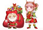  ahoge animal antlers apron bell belt blunt_bangs blush_stickers bow bowtie brown_horns candy candy_cane cat chibi christmas cloak clothed_animal coat commentary cross-laced_clothes cross-laced_dress double_bun dress dress_bow ear_covers earrings elf english_commentary esseling_(infinity_nikki) eyelashes fake_beard fake_facial_hair fake_horns fake_mustache food frilled_apron frilled_dress frills fur-trimmed_cloak fur-trimmed_coat fur-trimmed_hood fur-trimmed_mittens fur-trimmed_sleeves fur_trim gift green_apron green_belt green_bow green_bowtie green_cloak green_hairband green_leg_warmers green_mittens green_shoes hair_bow hair_bun hairband hand_on_own_hip hands_on_own_hips happy holding holding_gift holly hood hood_down hood_up hooded_cloak hooded_coat horn_hairband horns infinity_nikki jewelry leg_warmers lipstick long_dress long_sleeves makeup mittens momo_(nikki) neck_bell nikki_(nikki) nikki_(series) parted_lips pink_hair pink_lips plaid_apron plaid_clothes pointy_ears pointy_shoes print_cloak purple_eyes red_coat red_dress red_nose red_shoes reindeer_antlers ronya_sanzoku sack sad_sack_(infinity_nikki) santa_costume shoes short_hair_with_long_locks sidelocks simple_background smile star_(symbol) star_print stellarite_(infinity_nikki) striped_clothes striped_dress tareme teeth vertical-striped_clothes vertical-striped_dress white_background white_cat 