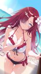  1girl absurdres ashinobu_panda beach bikini black_bikini blue_eyes blush breasts cleavage closed_mouth cloud collarbone commentary earrings english_commentary flower hair_flower hair_ornament hair_over_one_eye highres jewelry junko_(phase_connect) leaning_forward long_hair mismatched_bikini navel phase_connect second-party_source sky smile solo sweat swimsuit thigh_gap virtual_youtuber water white_bikini white_flower 