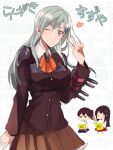  3girls akagi_(kancolle) ascot black_hair black_thighhighs blazer blue_hair blue_hakama blush breasts brown_jacket bucket character_name chibi closed_mouth commentary_request frilled_skirt frills hair_ornament hairclip hakama heart jacket japanese_clothes kaga_(kancolle) kantai_collection kimono long_hair long_sleeves looking_at_viewer manaka_(gunjooou) multiple_girls one_eye_closed orange_ascot pleated_skirt red_hakama simple_background sitting skirt suzuya_(kancolle) text_background thighhighs v white_background white_kimono white_thighhighs 