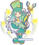  1girl boots cape commentary_request curled_horns detached_sleeves full_body green_boots green_hair green_hat green_skirt green_sleeves hat hat_ornament holding holding_staff horns layered_skirt looking_at_viewer medium_hair mitre neva_(puyopuyo) official_style outstretched_arm parted_lips pimyuhuwa pink_eyes puyopuyo puyopuyo_quest sash shirt simple_background skirt sleeveless sleeveless_shirt solo staff standing star_(symbol) star_hat_ornament twitter_username white_background white_cape white_shirt wide_sleeves yellow_sash 