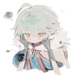  2boys aether_(genshin_impact) ahoge alyosha_(genshin_impact) arm_guards azhiichigo black_gloves blue_jacket blush cape chinese_commentary closed_mouth commentary_request earmuffs eyelashes fur-trimmed_cape fur_trim genshin_impact gloves green_hair hair_between_eyes hands_on_another's_face hands_up holding_another's_wrist hood hooded_cape jacket long_sleeves looking_afar male_focus multiple_boys painting_(medium) red_shirt shirt short_hair simple_background solo_focus squiggle traditional_media turtleneck turtleneck_shirt upper_body watercolor_(medium) wavy_mouth white_background white_cape yellow_eyes 
