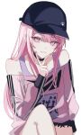  1other absurdres akiyama_mizuki arm_at_side bad_anatomy bad_hands baseball_cap black_choker black_hat blush bokutachi_no_seizon_tousou_(project_sekai) choker commentary_request dot_nose hand_up hat highres knee_up long_hair long_sidelocks long_sleeves looking_at_viewer nail_polish off-shoulder_shirt off_shoulder official_alternate_costume official_alternate_hairstyle other_focus pink_eyes pink_hair pink_nails pink_shirt project_sekai purple_tank_top shirt sidelocks simple_background smile solo tank_top upper_body v v_over_mouth white_background yukiusagi_(yukiusagi_52) 