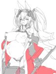  1girl :d angelina_(arknights) animal_ears arknights arknights:_endfield breasts crotchless crotchless_panties double-parted_bangs fox_ears fox_girl gilberta_(arknights) grabbing_own_breast greyscale hair_between_eyes highres holding holding_staff huge_breasts jacket long_hair looking_at_viewer monochrome naked_jacket nipples off_shoulder open_clothes open_jacket panties pregnant pussy simple_background sketch smile solo spot_color staff thighhighs twintails underwear very_long_hair white_background yu-ves 