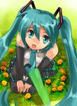  aqua_eyes aqua_hair bad_id bad_pixiv_id detached_sleeves flower from_above hatsune_miku hayama_eishi long_hair necktie skirt solo thighhighs twintails vocaloid 