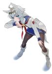  1girl absurdres ahoge animal_ears bent_over blue_eyes blue_sailor_collar blue_skirt blush boots brown_pantyhose commentary grey_hair hand_on_own_knee highres horse_ears horse_girl horse_tail knee_boots long_hair looking_at_viewer neckerchief oguri_cap_(starlight_beat)_(umamusume) oguri_cap_(umamusume) pantyhose parted_lips pleated_skirt red_neckerchief sailor_collar shirt simple_background skirt smile solo spread_legs sweat tail uctessen116 umamusume white_background white_boots white_shirt 