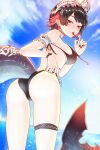  1girl absurdres ass bikini black_bikini black_hair blue_sky breasts candy commentary ellen_joe english_commentary fins fish_tail food food_in_mouth from_behind highres holding holding_candy holding_food holding_lollipop large_breasts lollipop lollipop_in_mouth looking_at_viewer maid maid_bikini maid_headdress mcdobo multicolored_hair ocean red_eyes red_hair shark_girl shark_tail short_hair sky solo swimsuit tail thigh_strap thighs two-tone_hair unconventional_maid zenless_zone_zero 