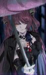  1girl absurdres black_dress black_jacket breasts chest_tattoo chromatic_aberration commentary detached_sleeves dress hair_ornament hair_over_one_eye highres holding holding_umbrella jacket jacket_on_shoulders long_hair looking_at_viewer orange_eyes parted_lips rain red_hair red_umbrella rin0_(gujrv) shuangyaji small_breasts solo suoming_(wuthering_waves) symbol-shaped_pupils tattoo twintails umbrella untranslatable_commentary upper_body wuthering_waves 