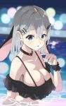  1girl alternate_hair_length_(longer) animal_ears aogiri_high_school belt_collar bikini black_collar black_ears black_wrist_cuffs blue_eyes blurry blurry_background blush bokeh breasts buckle cleavage collar commentary depth_of_field double-parted_bangs earrings extra_ears fingernails floppy_ears frilled_wrist_cuffs frills from_side full_cleavage grey_hair hair_behind_ear hair_between_eyes hair_ornament hairclip heart heart-shaped_buckle heart_collar highres hoop_earrings jewelry large_breasts looking_at_viewer lop_rabbit_ears low_neckline medium_hair multi-strapped_bikini_top multiple_hairclips official_alternate_hairstyle parallel_hairclips parted_lips partially_submerged pool rabbit_ears ruffle_bikini solo swimsuit taachika upper_body virtual_youtuber water wet wrist_cuffs yamaguro_nekuro 