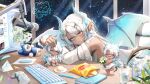  1girl chips_(food) computer_keyboard controller copyright_request dai_die dark_skin dragon_girl dragon_horns dragon_wings food game_controller grey_hair heterochromia highres horns microphone_stand multiple_persona potato_chips sky star_(sky) starry_sky stuffed_animal stuffed_toy virtual_youtuber white_hair wings 