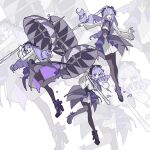  1girl absurdres ahoge ascot black_dress black_pantyhose black_shoes bow bowtie dress drill_hair drill_sidelocks gem hairband highres holding holding_umbrella long_hair mole mole_under_eye pantyhose pointy_ears purple_ascot purple_bow purple_bowtie purple_gem purple_hair purple_hairband purple_umbrella red_eyes shoes shrug_(clothing) sidelocks smile umbrella vivian_banshee white_shrug yu_cheyeweimian zenless_zone_zero 