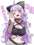  1girl ahoge akahito_(kemoyuru) alternate_hair_length_(longer) animal_collar animal_ears arm_behind_back bandaid_on_hip belt black_bustier black_collar blush breasts bustier camisole cat_ears cat_girl choker cleavage collar commentary_request ear_covers fangs food hair_ornament hololive large_breasts long_hair long_sleeves looking_at_viewer navel nekomata_okayu nekomata_okayu_(gyaru) o-ring o-ring_choker o-ring_collar official_alternate_costume official_alternate_hairstyle one_eye_closed onigiri onigiri_ornament open_mouth purple_eyes purple_hair see-through_clothes see-through_shrug see-through_sleeves shorts shrug_(clothing) signature simple_background smile solo sticker_on_stomach text_background tongue torn_camisole torn_clothes translation_request upper_body v v_over_eye virtual_youtuber white_background 