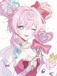  1girl :d aqua_eyes aqua_hair aqua_streaks commentary double_bun dress hair_bun heart_wand highres holding holding_wand honkai:_star_rail honkai_(series) hyacine_(honkai:_star_rail) hyacine_(warm_cotton_skies)_(honkai:_star_rail) little_ica_(honkai:_star_rail) multicolored_hair official_alternate_costume official_alternate_hairstyle open_mouth pegasus pink_dress pink_hair simple_background smile solo ssideu_(cid1129) streaked_hair wand white_background 