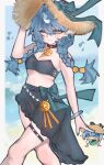  1girl :3 alternate_costume alternate_hairstyle animal_ears arm_up bikini black_bikini black_choker black_sarong blue_hair blush braid braided_twintails breasts choker cleavage closed_mouth commentary_request cowboy_shot goat_ears goat_girl hair_between_eyes hat highres key key_choker long_hair looking_at_viewer lucia_elowen mole mole_on_arm musical_note one_eye_closed pointy_ears sarong solo sun_hat swimsuit takooishiii thigh_strap yellow_eyes zenless_zone_zero 