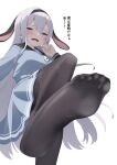  1girl alternate_hair_length_(longer) animal_ears aogiri_high_school aogiri_school_uniform black_ears black_pantyhose blue_eyes blue_sailor_collar blue_serafuku blue_shirt blue_skirt blush breasts commentary_request disgust double-parted_bangs extra_ears feet floppy_ears foot_focus frown grey_hair hair_between_eyes highres large_breasts long_hair long_hair_between_eyes long_sleeves looking_at_viewer lop_rabbit_ears miniskirt no_shoes official_alternate_costume pantyhose pleated_skirt rabbit_ears raised_inner_eyebrows sailor_collar school_uniform see-through_clothes see-through_pantyhose serafuku shirt simple_background skirt solo standing standing_on_one_leg taachika toes translation_request very_long_hair virtual_youtuber white_background yamaguro_nekuro 