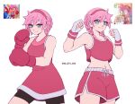  1girl amy_rose animal_ears animal_nose aqua_eyes boxing_gloves braid commentary dress fingerless_gloves gloves hallsth-eien headband hedgehog_girl highres humanization looking_at_viewer medium_hair navel pink_fur pink_hair red_dress red_headband red_shirt red_shorts screenshot_inset shirt shorts simple_background sleeveless sleeveless_dress smile sonic_(series) tail twin_braids twitter_username white_background white_gloves 