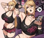  1girl alternate_costume arm_behind_head armpits arms_up belt black_belt black_choker black_eyeshadow black_lips black_nails black_panties black_sleeves black_tank_top blonde_hair bracelet breasts cellphone chain chain_bracelet character_print choker cleavage clenched_teeth commentary copyright_name cowboy_shot crop_top cross cross_hair_ornament cross_necklace cutoffs detached_sleeves english_commentary eyeshadow fingernails fishnet_sleeves fishnets goth_fashion green_eyes hair_between_eyes hair_ornament hairclip half-closed_eyes heart high_ponytail highleg highleg_panties highres holding holding_phone jewelry large_breasts lipstick long_fingernails long_hair looking_at_phone looking_to_the_side makeup metroid metroid_(creature) metroid_larva micro_shorts mikey_pie mole mole_under_eye multiple_bracelets multiple_views nail_polish navel necklace paid_reward_available painting_(object) panties panty_straps parallel_hairclips parted_lips patreon_username pendant_choker phone picture_frame ponytail puckered_lips red_shorts ring ring_light_reflection samus_aran shorts smartphone speech_bubble spiked_bracelet spikes spoken_heart standing string_panties striped_clothes striped_thighhighs studded_belt studded_bracelet studs tank_top teeth thighhighs thighs_together unaligned_breasts underwear very_long_hair 