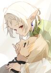 1boy 1girl absurdres ahoge blonde_hair commentary_request earrings elf green_eyes green_sweater hair_intakes hand_on_another's_chin highres jewelry long_pointy_ears looking_at_another mushoku_tensei nuko_tama315 pointy_ears red_eyes rudeus_greyrat short_hair sidelocks simple_background smile sweater sylphiette_(mushoku_tensei) upper_body white_background white_hair 