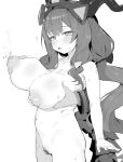  1boy 1girl absurdres arknights arknights:_endfield blush breasts commentary completely_nude esearu female_pubic_hair grabbing_another's_breasts grabbing_from_behind greyscale groping highres horns inverted_nipples lactation large_breasts long_hair low_twintails monochrome nipples nude open_mouth projectile_lactation pubic_hair pussy_juice simple_background single_inverted_nipple solo_focus twintails typhoeus_(arknights) typhon_(arknights) untranslatable_commentary white_background 