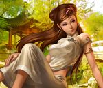  arm_support brown_eyes brown_hair china_dress chinese_clothes dress earrings eyeshadow general's_order hair_ornament hairclip jewelry long_hair makeup midriff nail_polish nature pink_nails sitting solo stanley_lau xiao_qiao 
