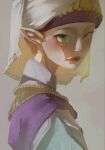  1girl blonde_hair commentary_request dress egaki_no_hase frown green_eyes hat headscarf highres looking_at_viewer looking_back painterly pink_dress pointy_ears portrait princess_zelda realistic short_hair simple_background solo the_legend_of_zelda the_legend_of_zelda:_ocarina_of_time the_legend_of_zelda:_ocarina_of_time_(remake) triforce two-tone_dress upper_body veil white_hat young_zelda 