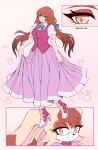  1girl animal_ears animal_nose blue_bow blue_ribbon boots bow breasts brown_eyes brown_hair carrot commentary dress dual_persona furry furry_female hallsth-eien high_heel_boots high_heels highres humanization humanoid_and_humanization looking_at_viewer purple_shoes purple_skirt rabbit_ears rabbit_girl ribbon shoes skirt smile sonic_(series) tail twintails vanilla_the_rabbit yellow_eyes 