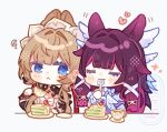 247_(nsn_na7) 2girls :3 animal_ear_request animal_ears artist_name bare_shoulders black_bow black_hair black_sleeves blue_eyes blunt_bangs blush bow bowtie brown_hair cake cake_slice cherry chest_bow chibi chibi_only closed_eyes closed_mouth columbina_(genshin_impact) commentary_request cup detached_collar detached_sleeves diamond_mouth dress eating eyelashes feathered_wings flower food fork fruit gem genshin_impact gloves gradient_hair hair_bow hair_intakes hair_ornament hair_tubes hand_up head_wings heart holding holding_cup holding_fork icing jewelry kemonomimi_mode long_hair long_sleeves looking_at_another multicolored_hair multiple_girls multiple_wings off-shoulder_dress off_shoulder open_mouth pendant pink_flower pink_hair plate red_gem sandrone_(genshin_impact) short_hair_with_long_locks sidelocks simple_background sleeveless sleeveless_dress smile squiggle table tea teacup two-tone_hair upper_body utensil_in_mouth v-shaped_eyebrows very_long_hair watermark white_background white_bow white_bowtie white_dress white_gloves white_headdress wide_sleeves wings x_hair_ornament 
