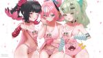  3girls absurdres angels_of_delusion angels_of_delusion_kfc_bag aqua_streaks areola_slip aria_(human)_(cuteness_loading)_(zenless_zone_zero) aria_(human)_(zenless_zone_zero) aria_(zenless_zone_zero) arm_warmers bare_shoulders black_choker black_hair blue_bow blue_eyes blush bow bow_panties breasts cameltoe camisole camisole_lift character_print choker closed_mouth clothes_lift collarbone covered_nipples cowboy_shot crossed_bangs fingerless_gloves gloves green_eyes green_hair green_scrunchie groin hair_between_eyes hair_bow hair_intakes hair_ornament hairclip hand_up heart highleg highleg_panties highres lifting_own_clothes looking_at_viewer medium_breasts medium_hair multicolored_hair multiple_girls nangong_yu nangong_yu_(heartfelt_support) navel nazquifgv no_panties official_alternate_costume open_mouth panties pink_camisole pink_gloves pink_hair pink_panties pink_shirt red_arm_warmers red_eyes scrunchie self_character_print shirt shirt_lift simple_background single_glove small_breasts sparkle sparkling_eyes streaked_hair striped_arm_warmers striped_clothes striped_panties sunna_(delusions_in_business)_(zenless_zone_zero) sunna_(zenless_zone_zero) sweat thick_thighs thighs tongue tongue_out twintails two-tone_hair two-tone_panties underwear white_background white_panties wrist_scrunchie zenless_zone_zero 