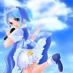  alternate_hairstyle bloomers cat cirno cloud day from_behind kubozuka_pikurou looking_back microphone ponytail skirt skirt_lift solo touhou underwear white_bloomers wind wind_lift wings 
