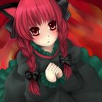 animal_ears bangs banned_artist blush braid dress eyebrows_visible_through_hair from_above frown kaenbyou_rin long_sleeves looking_at_viewer own_hands_together red_eyes red_hair solo tepengu touhou twin_braids 