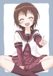  1girl :d ^_^ between_legs black_sailor_collar black_socks blue_border blush border brown_hair butterfly_sitting buttons closed_eyes commentary_request dot_nose dress dress_under_shirt funami_yui hand_between_own_legs invisible_floor kneehighs layered_sleeves long_sleeves looking_at_viewer machiyama_akane nanamori_school_uniform outside_border outstretched_arm pink_dress pleated_dress pointing pointing_up sailor_collar school_uniform shirt short_hair short_over_long_sleeves short_sleeves signature sitting smile socks solo white_background white_shirt yuruyuri 