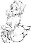  1girl apple arched_back armor bikini bikini_armor boots breasts butt_crack circlet commentary food from_behind from_side fruit gauntlets greyscale hair_between_eyes hand_up head_wings highres holding holding_food holding_fruit invisible_floor kekemotsu large_breasts looking_at_viewer looking_back median_furrow medium_hair monochrome open_mouth original simple_background sitting solo string_bikini swimsuit thigh_boots wariza warrior white_background wide_hips wings 
